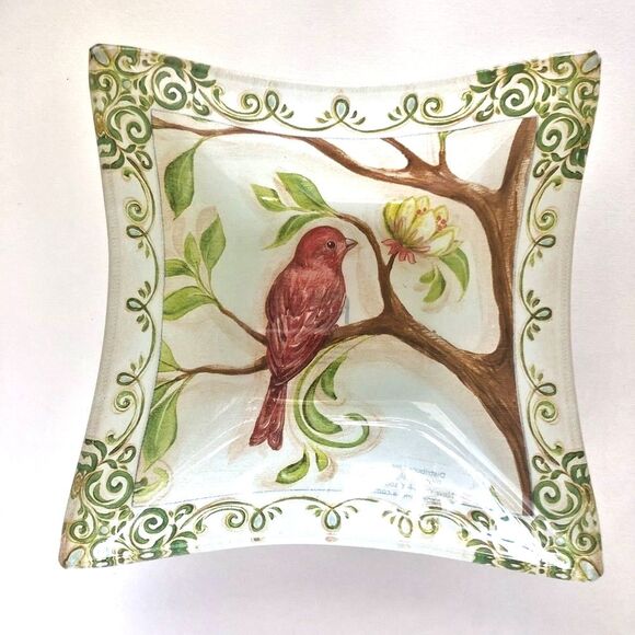 Prima Design Square Glass Multi-purpose Dishes Set Of 2 Floral & Bird Design - Picture 2 of 8